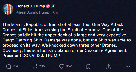 Jhowjhowdocobra's tweet photo. Just in: Trump slams Iran for what he calls a 'foolish violation' of the ceasefire after they fired four attack drones at ships in the Strait of Hormuz. 🚨 https://t.co/IOLbPqmYfQ