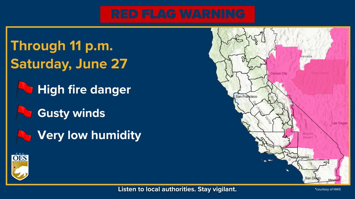 Cal_OES's tweet photo. A Red Flag Warning is currently in effect in southeastern portions of California through 11 p.m. on Saturday, June 27.

Take steps now to stay prepared: make an emergency plan, sign up for local alerts, and check in on neighbors.

For more information, visit https://t.co/ykt2IGPYTs