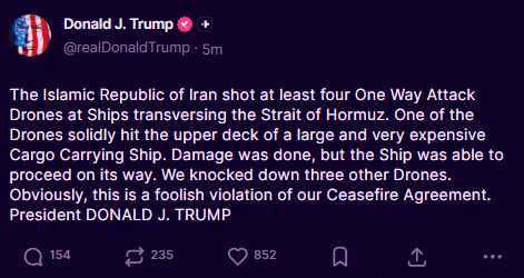 Cop2230's tweet photo. Big news: Trump says Iran broke the ceasefire deal by shooting drones at ships in the Strait of Hormuz. He's calling it a "foolish violation." Wild times. https://t.co/Gg6GjOO2kv