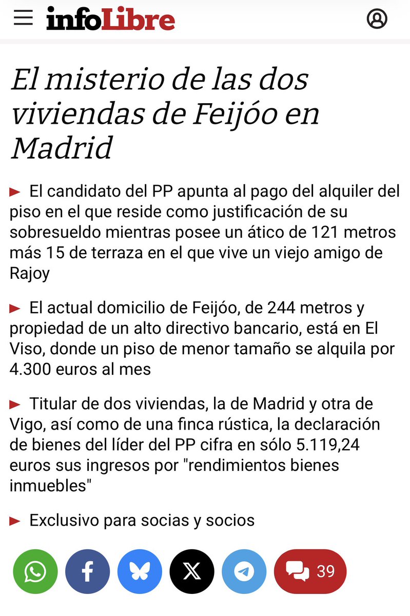 crispmarcote's tweet photo. Que Feijóo miente. Que lleva viviendo en El Viso desde que pisó Madrid. 

Que @infolibre ya lo sacó en 2023. 

Feijóo dijo que el PP le pagó un sobresueldo de casi 40.000 euros brutos en 2022 para afrontar los gastos de una vivienda en Madrid y después reculó porque no había presentado la declaración en el Senado!  

https://t.co/H7pFZoJ0ej