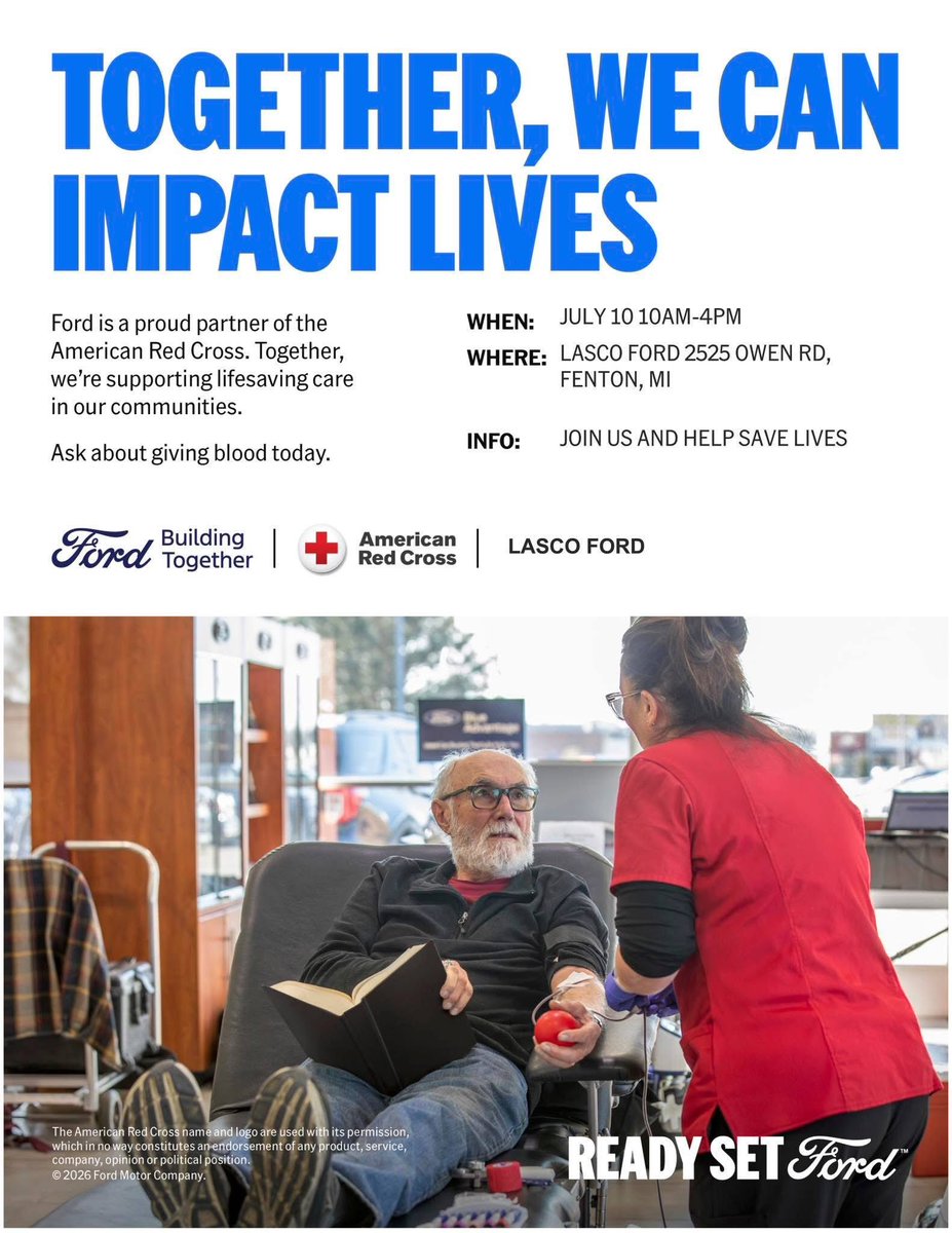 LascoFord's tweet photo. 🚨 Only 2 weeks until our Blood Drive! 

Join us, help save lives, and the first 100 donors will receive a $20 D&amp;W's Street Eatery voucher- lunch is on us!
Register today and help us spread the word. ❤️
#BloodDrive #GiveBack #LascoFord #FentonMI https://t.co/iAi7g57GcR