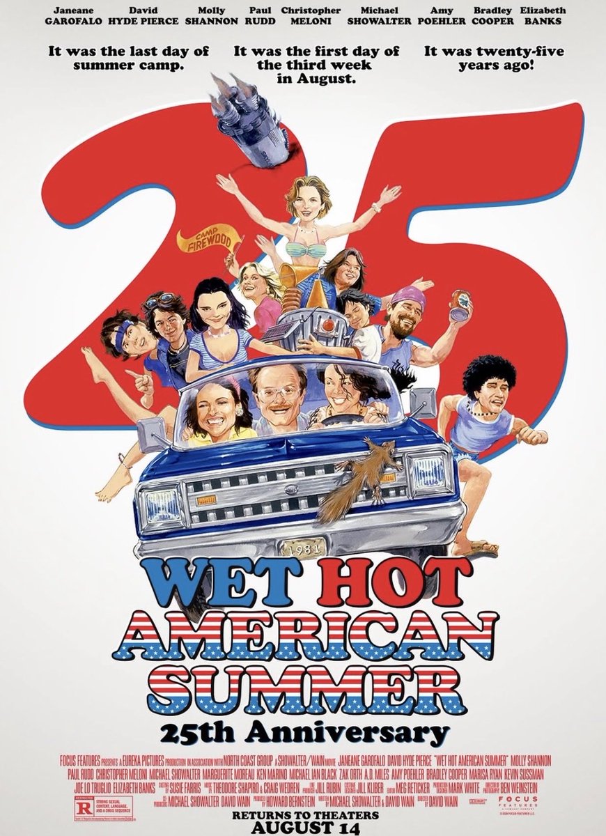 WeRunfromllamas's tweet photo. Cult classic Wet Hot American Summer gets a new poster as the film returns to theaters August 14 to celebrate its 25th anniversary. https://t.co/IT8Fr7uo1e