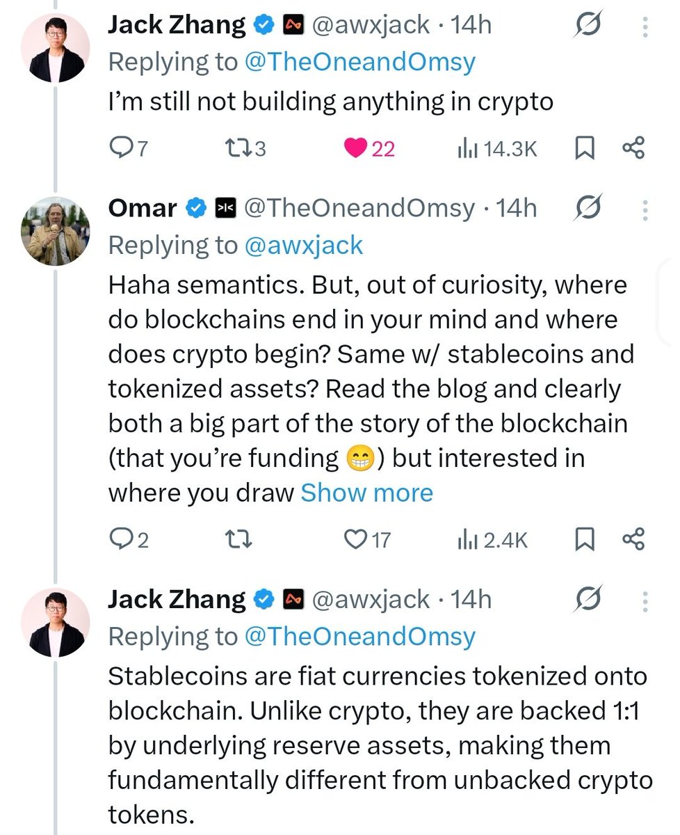 0x9212ce55's tweet photo. It's funny to see people bashing this guy for not associating tokenized assets and related tech with crypto, because actually, this is the best outcome for crypto that the best minds in the space have been yearning for.

Blockchains-as-database tech is not crypto and should never be counted as such, so crypto can stay true to its values.