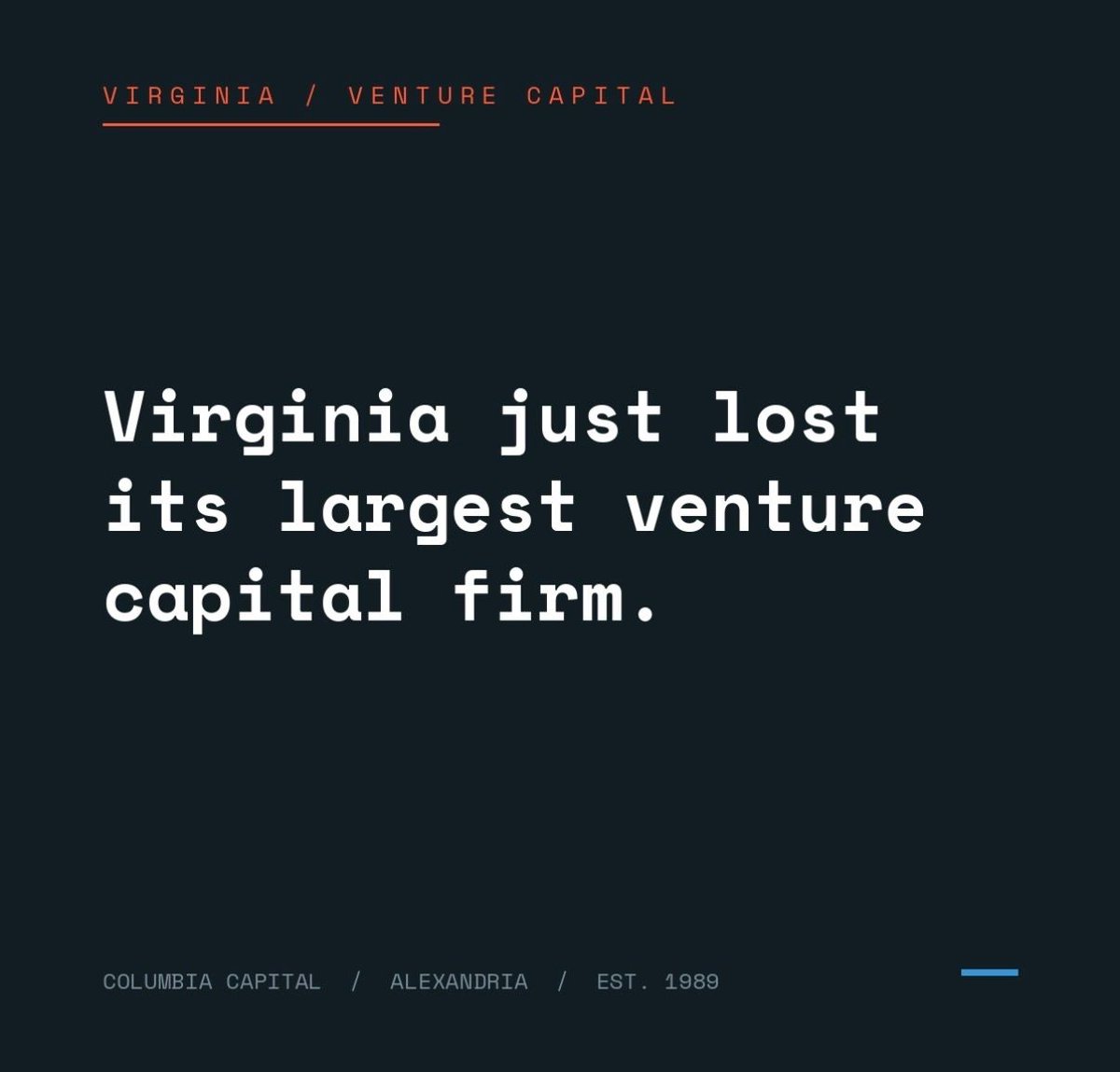 andrewdunlap's tweet photo. Virginia just lost its largest venture capital firm.

Columbia Capital in Alexandria, founded in '89. Over $9B raised in its life.

A Texas REIT (Digital Realty) bought it.

After QED, the next biggest VC firm in the state manages under a billion...

Losing talent stings. 
Losing a company hurts. 
Losing investment infrastructure is worse. 

Those are the institutions with scale, with the LP relationships, with their finger on the pulse of where capital and industries are moving.

Aaaand now that all lives in Texas.

Brutal.