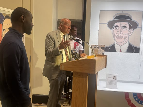 DougShimell's tweet photo. Our @MOSPhiladelphia #exhibit kicked off @CreativePHL #press #event #PhillyCityHall The #FoundersOfPhiladelphiaSports #mosaics on display through October Thanks @brettmandel @CMThomasPHL @marksquilla @CreativePHL @valgaysings @DelcoDelphia @BaseballBBQ @DanFahyJr @redeyent https://t.co/TiuN4TRCKG