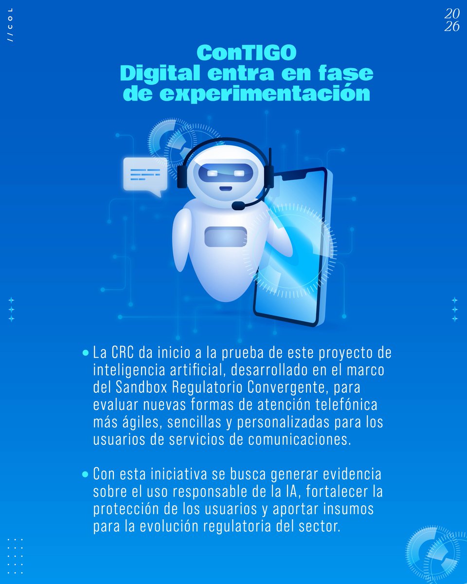CRCCol's tweet photo. ¿Imaginas recibir atención telefónica más rápida gracias a la #IA?
En el marco del Sandbox Regulatorio, ConTIGO Digital inicia fase de experimentación para evaluar cómo esta tecnología puede reducir tiempos de espera, y fortalecer la protección de los usuarios. https://t.co/8NHdYIjmYf
