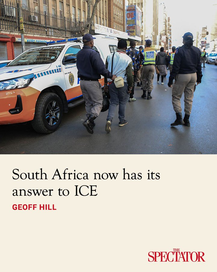 TheSpectator's tweet photo. A force of 10,000 inspectors is being recruited to weed out foreigners: door-to-door across the nation, they will check mines, factories and shops, rounding up those without papers for deportation. Oh, and the target will be black people!

Trump madness? Marine le Pen? No, this is South Africa and a project launched by President Cyril Ramaphosa to expel millions of black migrants from across the rest of Africa who have jumped the border or overstayed their visa. 

It’s Africa’s answer to ICE, though you won’t find many people protesting: quite the opposite. 

✍️ Geoff Hill
Article | https://t.co/qVtQnm5end