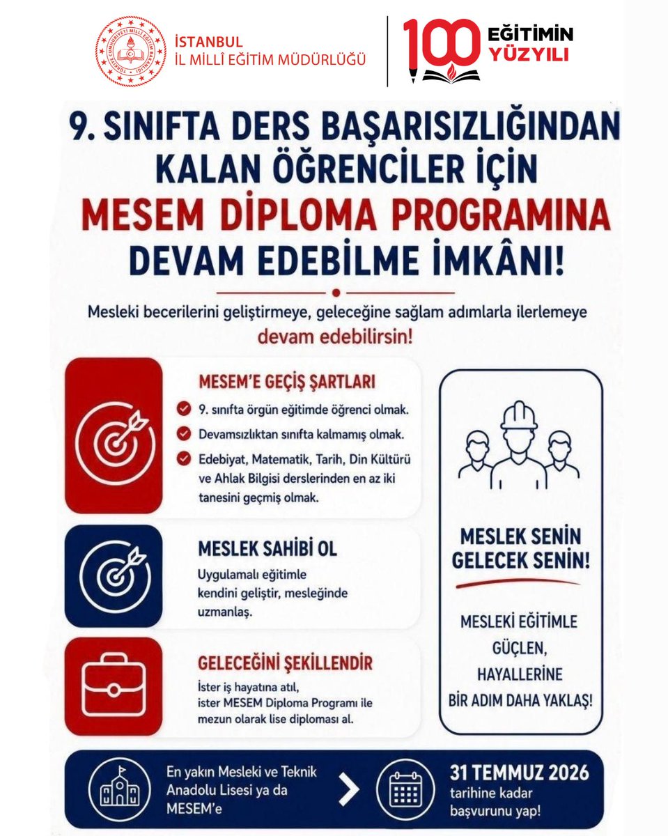 istanbulilmem's tweet photo. 🔺️9. ​sınıfta ders başarısızlığı nedeniyle sınıfta kalan öğrenciler; gerekli şartları sağlamaları hâlinde, MESEM Diploma Programı ile eğitimlerine 10. sınıftan devam edebilme imkânına sahipler.

​📌 Başvuru Şartları:
✔️ Devamsızlıktan kalmamış olmak,
✔️ Türk Dili ve Edebiyatı, Matematik, Tarih ve Din Kültürü ve Ahlak Bilgisi derslerinden en az ikisini başarıyla tamamlamış olmak,
✔️ 31 Temmuz tarihine kadar başvuruda bulunmak.
​Meslek edinirken lise diplomasına giden yolda eğitimine ara vermeden devam etme fırsatını kaçırma!

​📍 Detaylı bilgi ve başvuru için en yakın Mesleki ve Teknik Anadolu Lisesi veya Meslekî Eğitim Merkezi (MESEM) ile iletişime geçebilirsin.

@tcmeb @Yusuf__Tekin @MucahitYentur