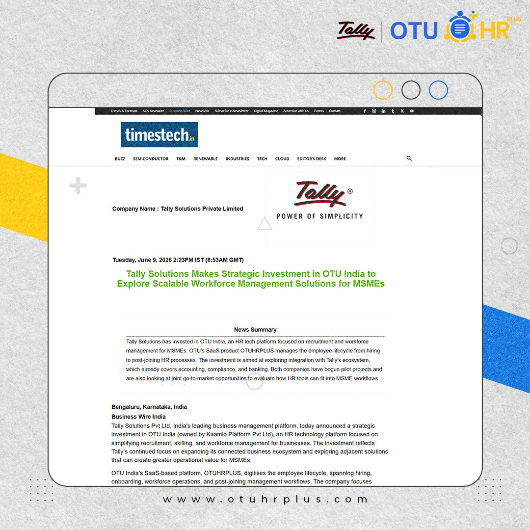 OTUINDIA21's tweet photo. A new chapter begins. 🤝

Tally's investment in OTU India brings together decades of MSME trust with modern workforce management—helping businesses simplify HR, payroll, attendance, and compliance as they grow.

#OTUIndia #Tally https://t.co/vY0zMPA5Xs