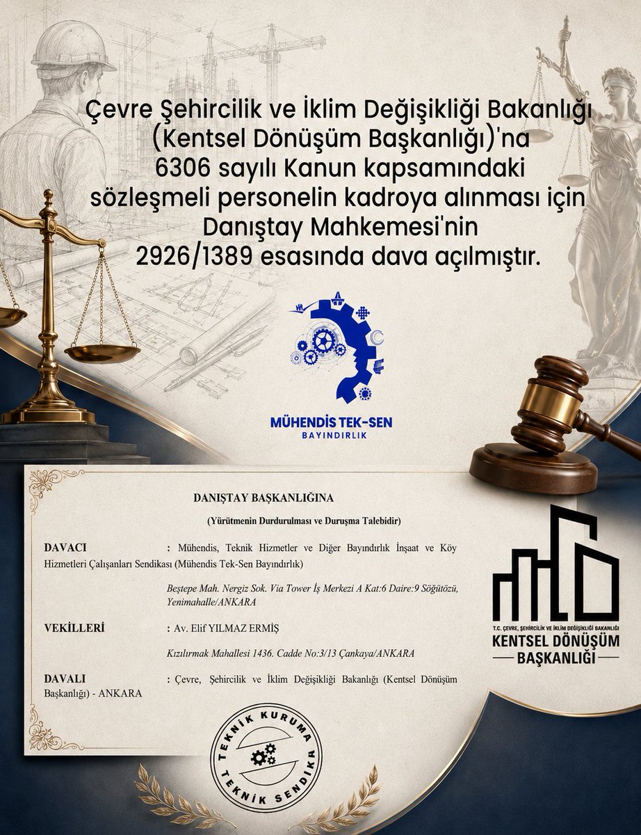 MuhTekBayindir's tweet photo. Sendikal emek varsa, hak da vardır.

​6306 sayılı Kanun kapsamındaki sözleşmeli personelin kadroya alınması için Danıştay nezdinde davamızı açtık.

​Mühendis Tek-Sen Bayındırlık Sendikası olarak çalışanlarımızın özlük hakları için mücadelemizi hukuk zemininde kararlılıkla sürdürüyoruz.

​✒️ Bu sadece bir dava değil; emeğin, adaletin ve hakkaniyetin mücadelesidir.