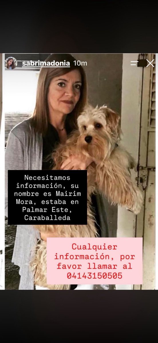 lanairobiii's tweet photo. AYUDA POR FAVOR!

Alguien que sepa del paradero de la señora Mairim Mora, EDIFICIO PALMAR ESTE en Caraballeda. La Guaira.

Cualquier información por favor compartirme y les haré llegar a sus familiares que no la ha podido contactar. https://t.co/9njKWnYjUg