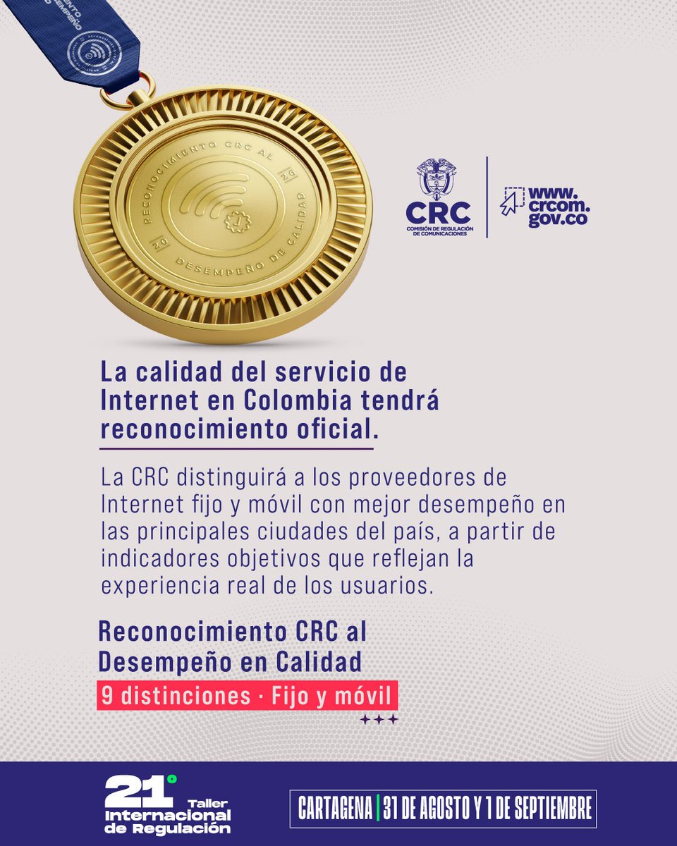 CRCCol's tweet photo. 🏆 La CRC otorgará reconocimiento a los operadores con mejor desempeño en Calidad del Servicio de Internet, evaluando indicadores como velocidad, latencia y estabilidad del servicio. En Internet móvil también se incluye cobertura 4G.

Conoce más 👉 https://t.co/pbfeuZW87u https://t.co/6wPMPVpx0s