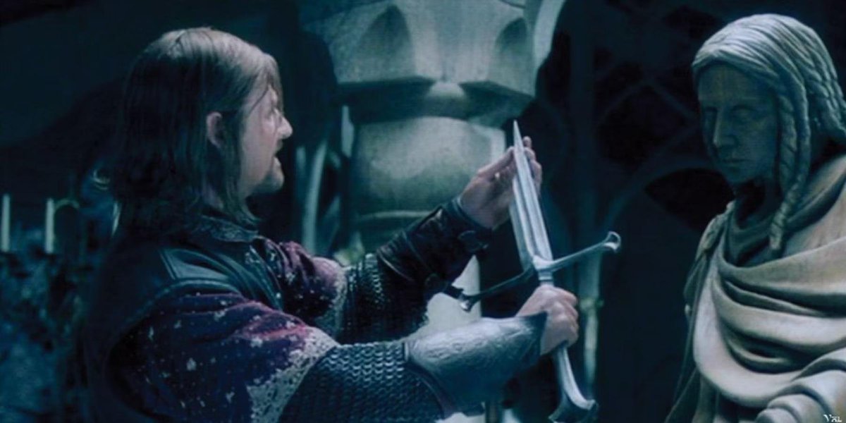 ClassicSpyChic's tweet photo. George Lazenby's "That never happened to the other fella" line is much discussed example of ambiguously breaking the 4th wall.

 A more underrated example is the part in Fellowship of the Ring where Sean Bean says, "It's still sharp(e)." https://t.co/cIia8GwSRl
