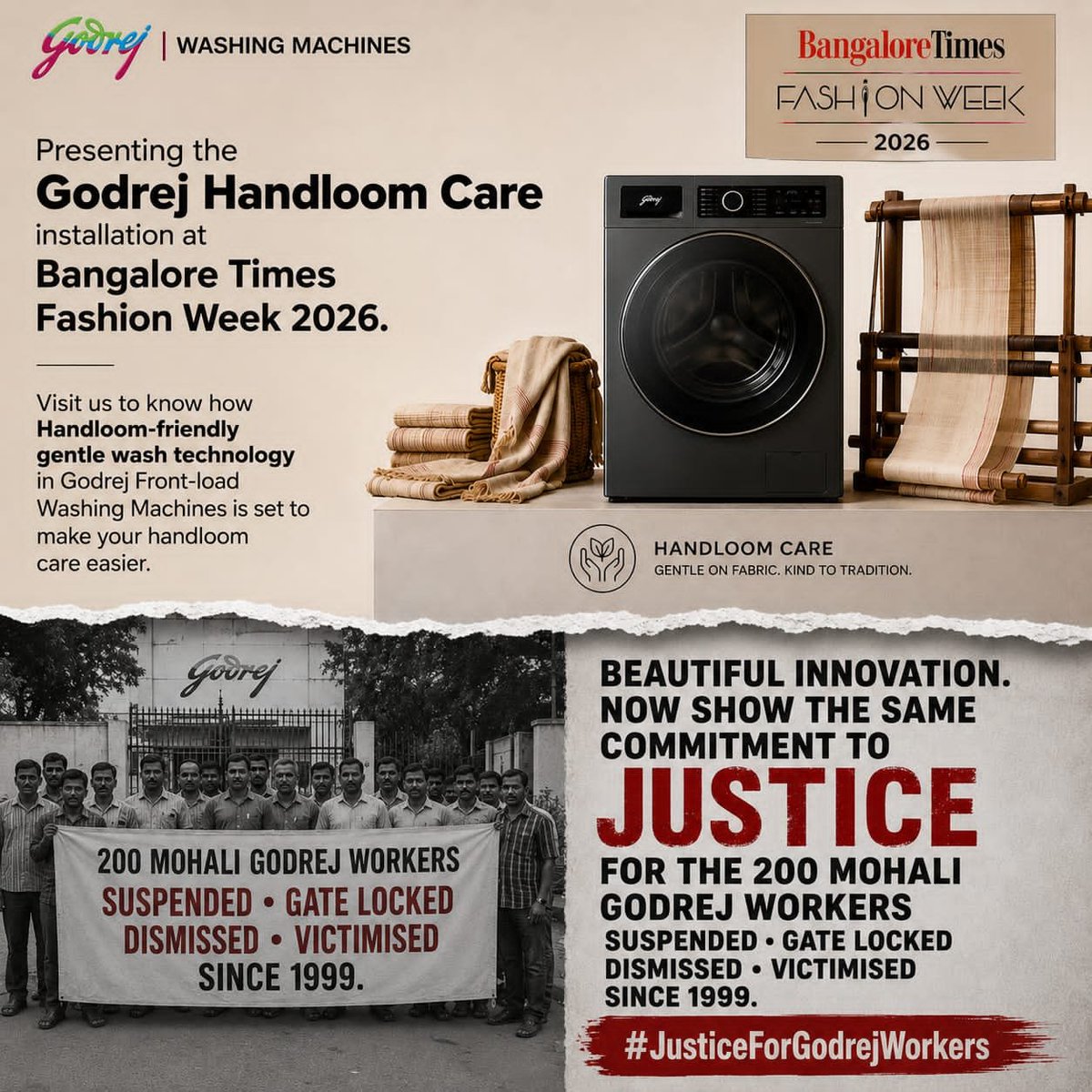 2itManas's tweet photo. @GodrejAppliance मंच पर नवाचार का उत्सव है, लेकिन 1999 से न्याय के इंतज़ार में खड़े 200 मोहाली गोडरेज कर्मचारियों की पीड़ा कौन देखेगा? #JusticeForGodrejWorkers
#BangaloreTimesFashionWeek2026 
@barandbench 
@BangaloreTimes1 @LabourMinistry @DainikBhaskar @timesofindia @DeccanHerald https://t.co/fq7vSvzUN5