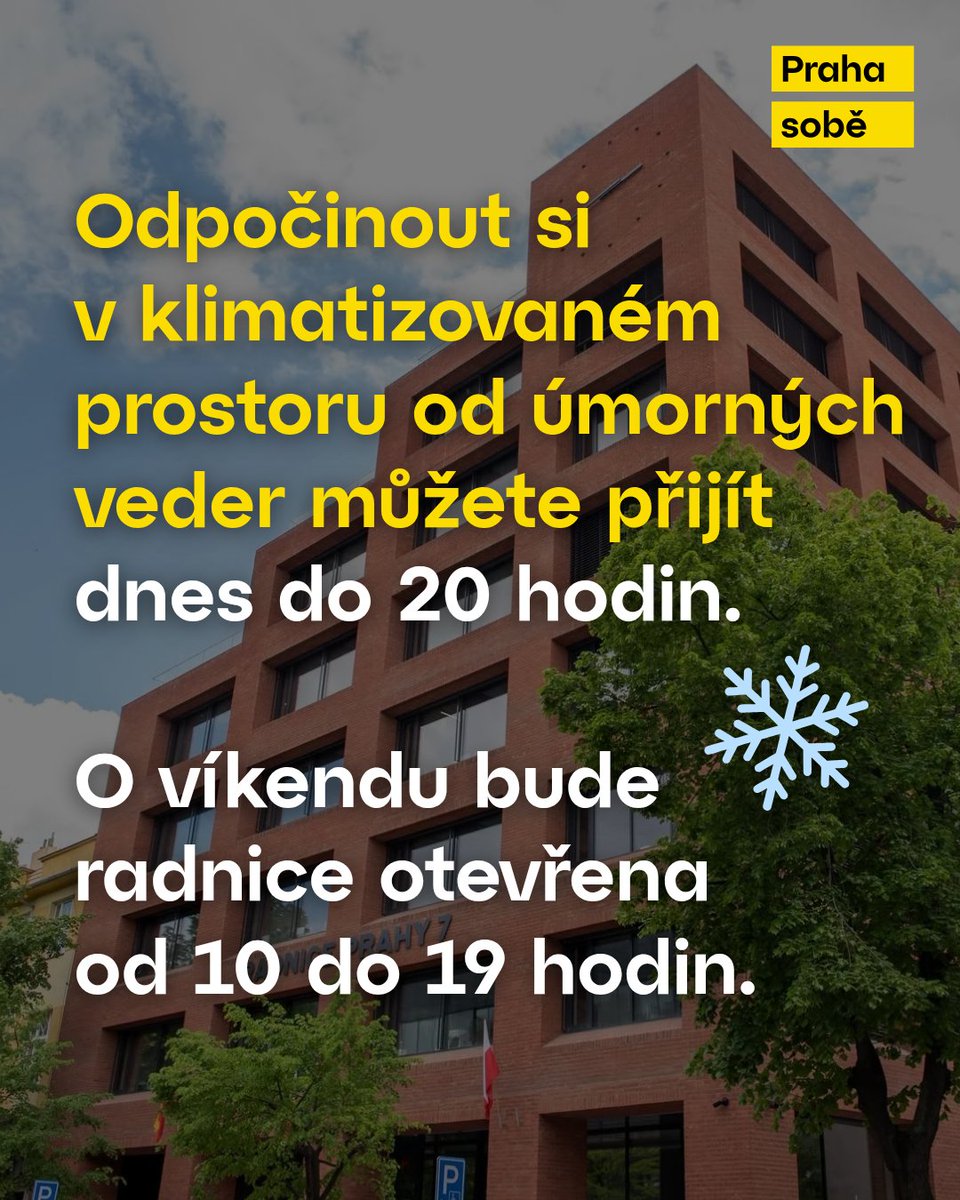 PRAHASOBE's tweet photo. Tropická horka atakují Prahu. Praha 7 nabízí, jak se před nimi skrýt. Jde o život, sdílejte to těm, kteří jsou ohroženi nejvíc.  🥵 https://t.co/WuOxWinrJL