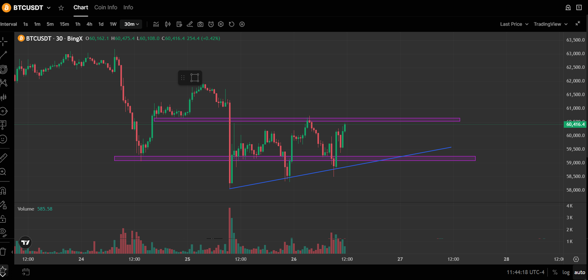 uswaka770's tweet photo. Overall Market Structure
Timeframe: 30 Minutes
Overall trend before this: Bearish (large sell-off from around 62.8k to 59k).
After the crash, price begins to range instead of continuing down.
The market is trying to decide whether the downtrend will continue or reverse. https://t.co/hNqOi5se2w