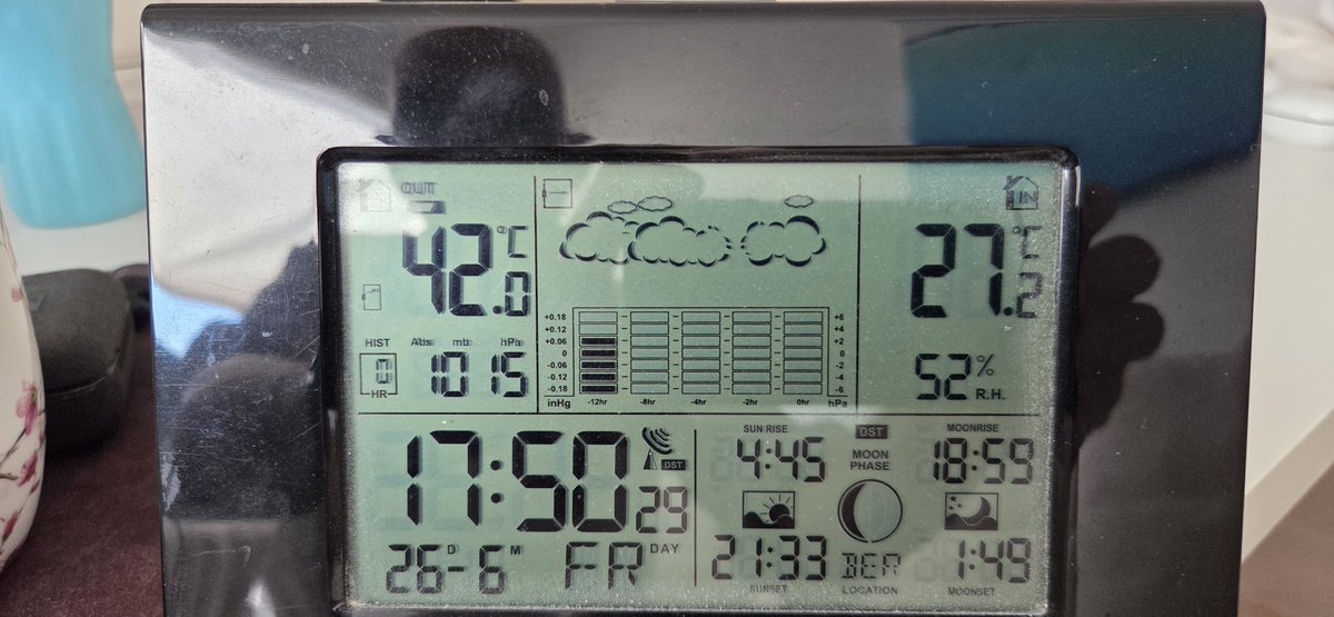 FelixRends's tweet photo. #Hitze 2 1/2 Stunden über 40°C, 42°C erreicht, offiziell 36,5°C mit einem Taupunkt von an die 20°C, auch die Klimaanlage hat zu kämpfen, zum Glück haben wir eine. https://t.co/awBdp2IW0y