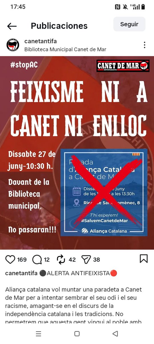 JoanAC_93's tweet photo. Els de sempre ja tornen a ensenyar la poteta. Els qui es fan dir “antifeixistes” són els primers a assenyalar, intimidar i intentar impedir que Aliança Catalana posi una simple parada informativa a Canet de Mar.

Això no és antifeixisme. Això és totalitarisme d’esquerres. És por a la llibertat, por a la democràcia i por a què el missatge de Sílvia Orriols arribi cada vegada a més catalans.

Perquè saben perfectament que Aliança Catalana diu el que ells voldrien censurar: que Catalunya té dret a existir, a defensar la seva identitat, la seva llengua, la seva seguretat i el seu futur.

A Canet, com a Ripoll i arreu de Catalunya, cap colla de sectaris ens farà callar. Podran cridar, insultar i amenaçar, però no podran aturar un poble que desperta.

Amb Sílvia Orriols i Aliança Catalana, Catalunya tornarà a aixecar-se.