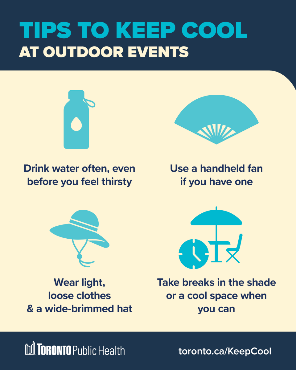 A yellow/light blue/navy graphic titled, ‘Tips to Keep Cool at Outdoor Events’. Underneath is a series of icons/tips; Drink water often, even before you feel thirsty; Use a handheld fan if you have one; Wear light, loose clothes & a wide-brimmed hat; Take breaks in the shade or a cool space when you can’. The bottom banner shows the Toronto Public Health logo & links to toronto.ca/KeepCool.
