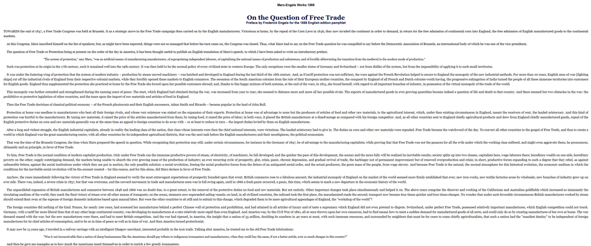 mattforney's tweet photo. Oh wow, another lolbert who doesn't know that Karl Marx supported free trade because he saw tariffs as entrenching the power of capitalists and believed that free trade would hasten a worldwide communist revolution.

You know, what's happening right now. https://t.co/dt8xl1fO5x