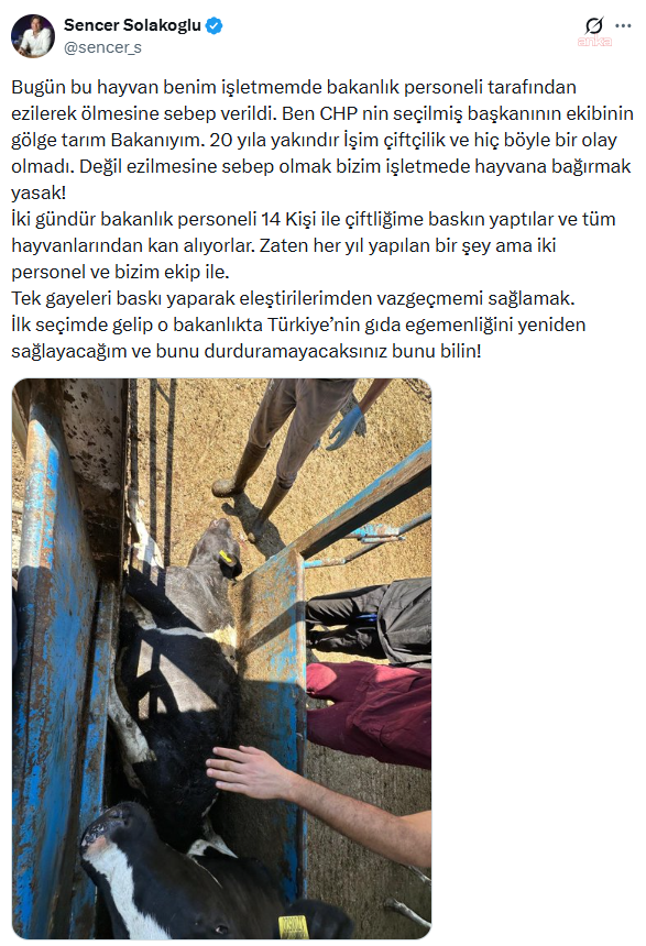 nefesgazete's tweet photo. Sencer Solakoğlu: 

"Bakanlık personeli 14 kişi ile çiftliğime baskın yaptılar"

https://t.co/MpvOGYLsDF https://t.co/kp0gYGxcrT