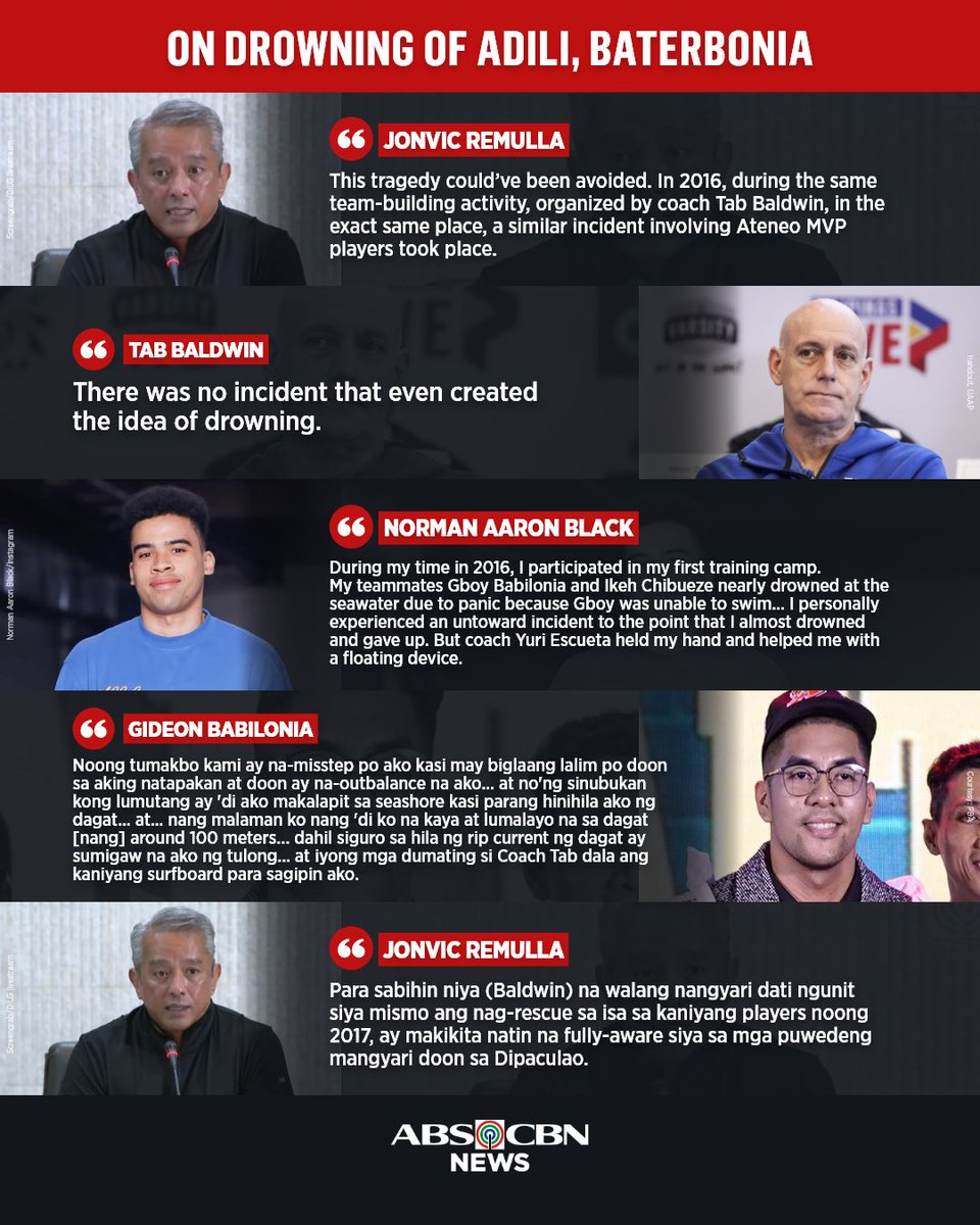 ABSCBNNews's tweet photo. Taliwas sa pahayag ni ex-coach Tab Baldwin tungkol sa "team-building" sa Aurora, ilang dating atleta ng Ateneo ang nagbahagi ng karanasan na muntik na rin silang malunod nang dumalo sa aktibidad noon sa parehong lugar.

Basahin: https://t.co/40Oad9bD64 https://t.co/AylKw2IuXk