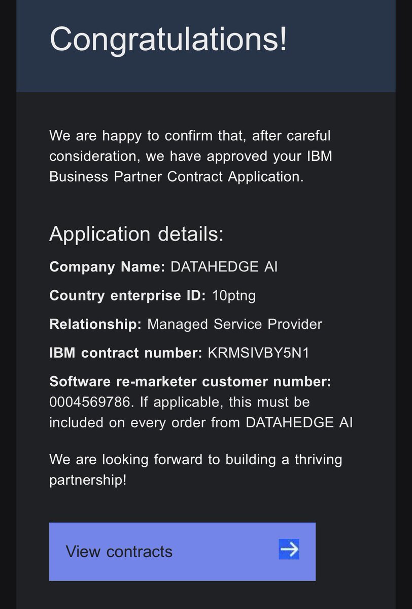 DATAHEDGEAI's tweet photo. We are honored to have established a business partnership with @IBM🤝

Following our participation in IBM Partner Plus, DATAHEDGE AI, with the support of @IBM  and after several weeks of official communication and final contract procedures, has been officially approved as an @IBM Business Partner.

During this process, @landlyfranscott signed the IBM Business Partner Managed Service Provider Relationship Agreement on behalf of DATAHEDGE AI, and the final contract process has been completed.

This is not simply a general partner program registration.

DATAHEDGE AI will continue to further advance its secure and verifiable consent-based AI data infrastructure based on IBM’s technology ecosystem, partner resources, go-to-market opportunities, and co-marketing opportunities.