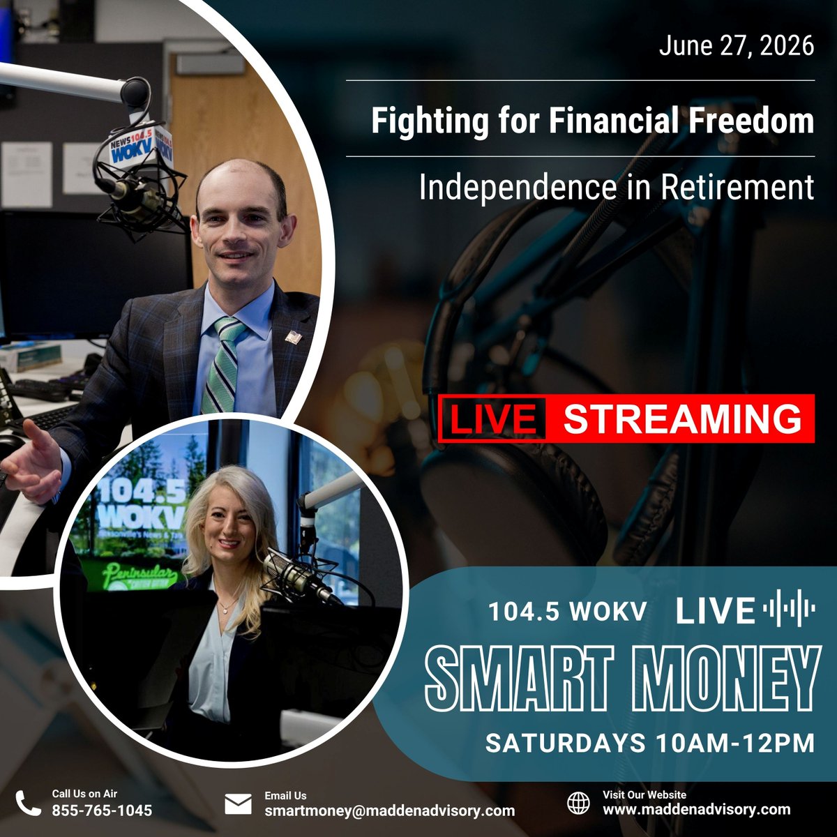 MaddenAdvisory's tweet photo. Mics are hot at 10.

Financial freedom isn't a finish line. It's the day work becomes a choice. This morning on #SmartMoney, Mike & Brittany break down what it takes to get there. What would yours look like?

Tune in or call in on 104.5 WOKV, your favorite app, or stream at https://t.co/IT44S6NGrl

#FinancialPlanning #Retirement #Investing