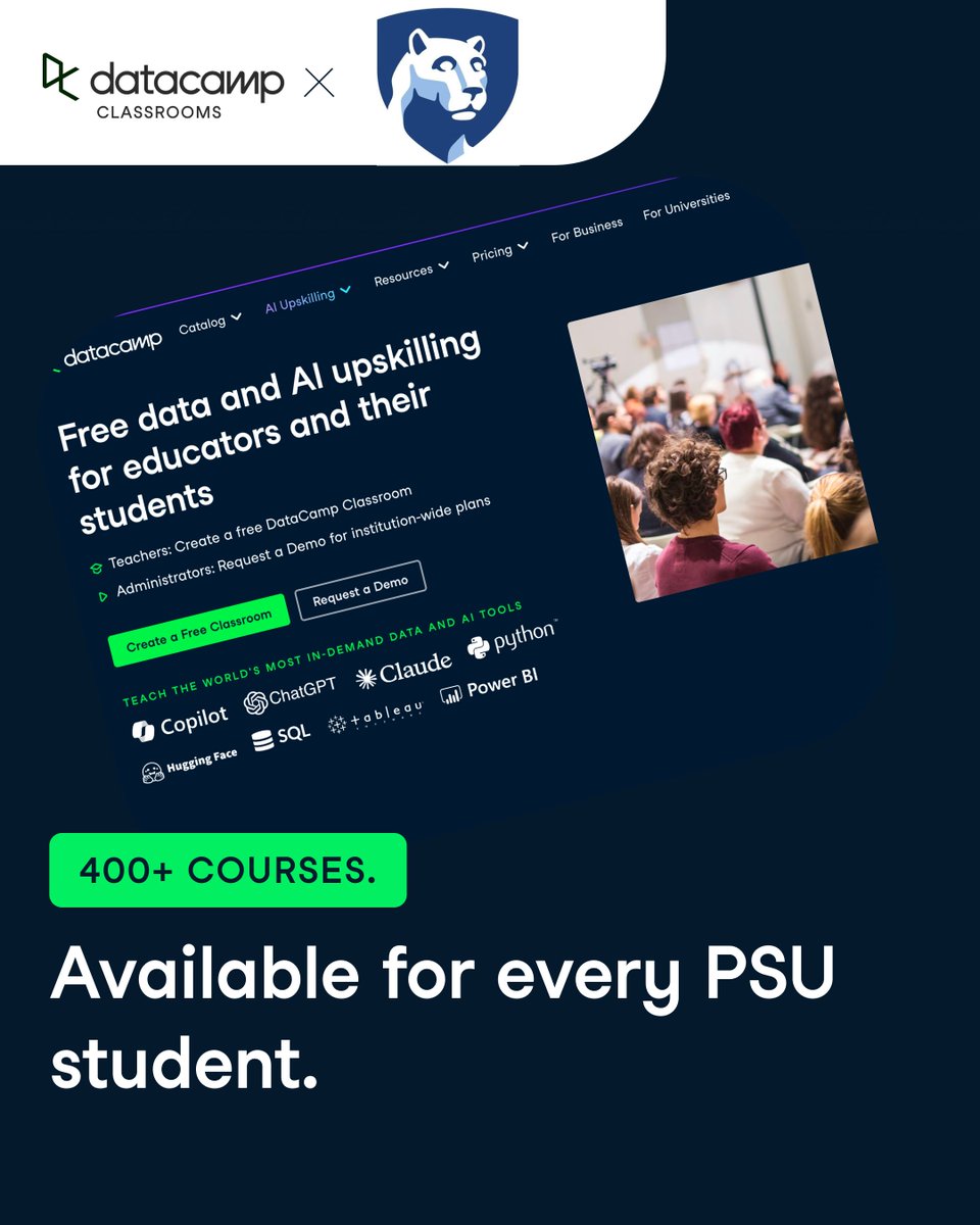 DataCamp's tweet photo. 🎓 Exciting news for Nittany Lions! Penn State University has partnered with #DataCamp, giving ALL students access to 400+ data science and AI courses. 

Whether you're in engineering, business, or social sciences—data and AI skills are the future, and they're now here for you. Log in at the link below and start learning today. 

🔗 https://t.co/ilnTCajmaP

#PennState #DataScience #AI #MachineLearning #NittanyLions #WeAre