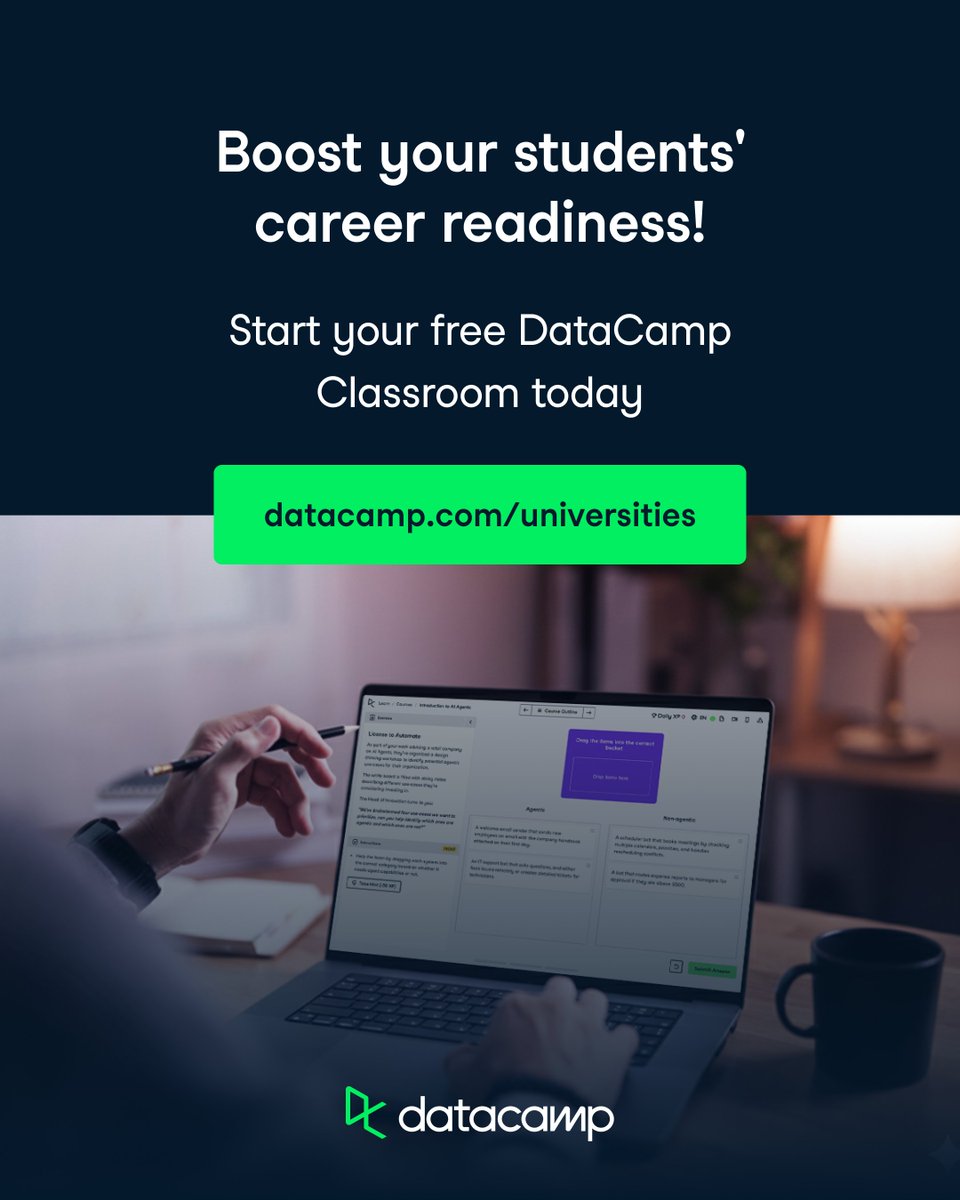 DataCamp's tweet photo. 🎓 Exciting news for Nittany Lions! Penn State University has partnered with #DataCamp, giving ALL students access to 400+ data science and AI courses. 

Whether you're in engineering, business, or social sciences—data and AI skills are the future, and they're now here for you. Log in at the link below and start learning today. 

🔗 https://t.co/ilnTCajmaP

#PennState #DataScience #AI #MachineLearning #NittanyLions #WeAre