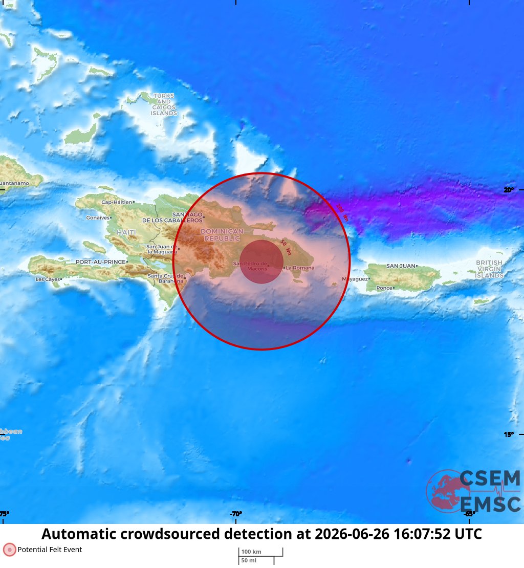LastQuake's tweet photo. #Earthquake (#sismo) possibly felt 35 sec ago in #DominicanRepublic. Felt it? Tell us via:
📱https://t.co/QMSpuj6Z2H
🌐https://t.co/AXvOM7I4Th
🖥https://t.co/wPtMW5ND1t
⚠ Automatic crowdsourced detection, not seismically verified yet. More info soon! https://t.co/QJ3NEgyqYO