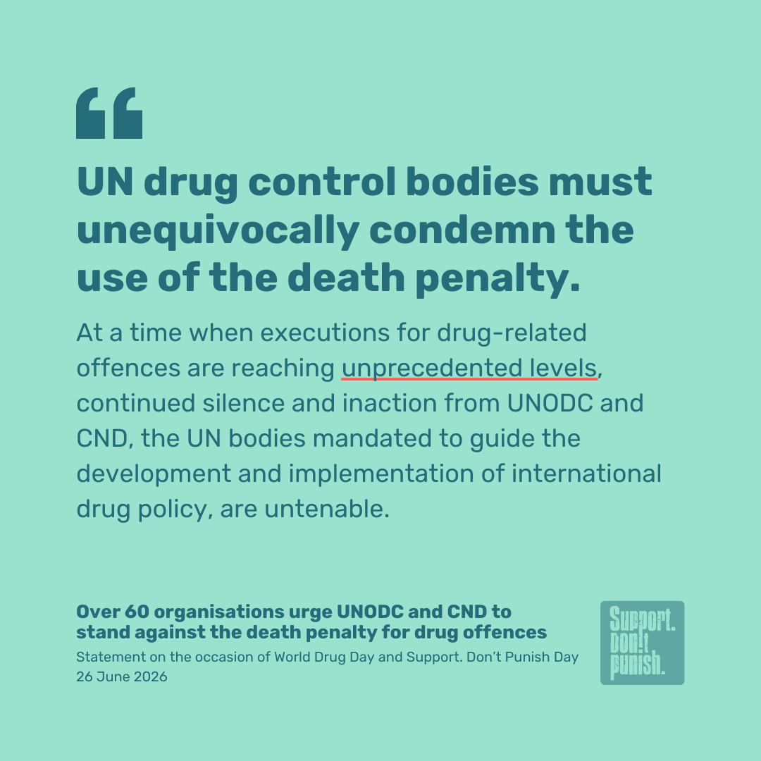 SDPcampaign's tweet photo. Drug policy must protect life, not take it.🕯️

Ahead of #SupportDontPunish Day, more than 60 organisations call UN drug control bodies to unequivocally condemn the death penalty for drug offences.

As the use of capital punishment for drug offences soars, silence is complicity. https://t.co/QraRlTPFmg