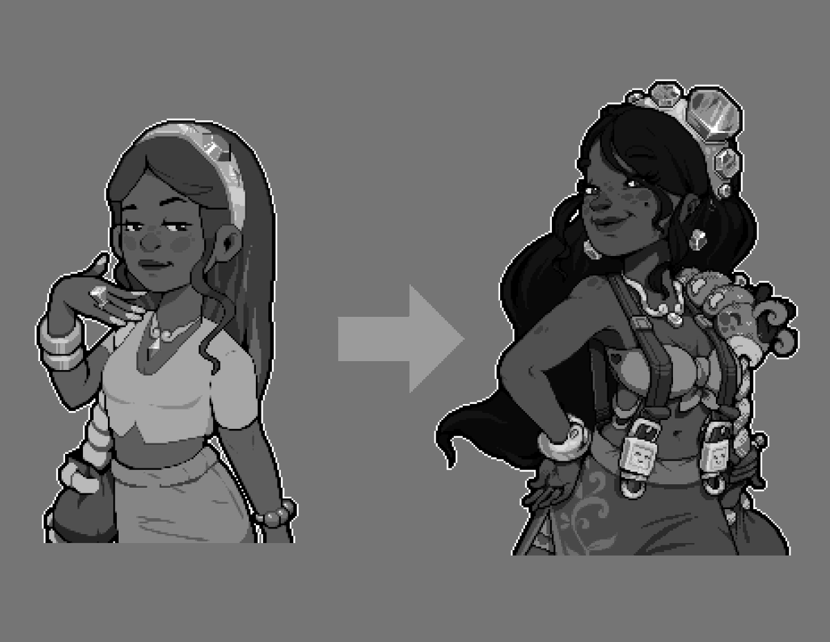 PaulaPeroff's tweet photo. This is such a good example of why contrast matters in character design. When designing a character you should pop a greyscale filter over your design and look at the values. The dark hair makes the jewellry here stand out much more. https://t.co/69fNRLs0ZN