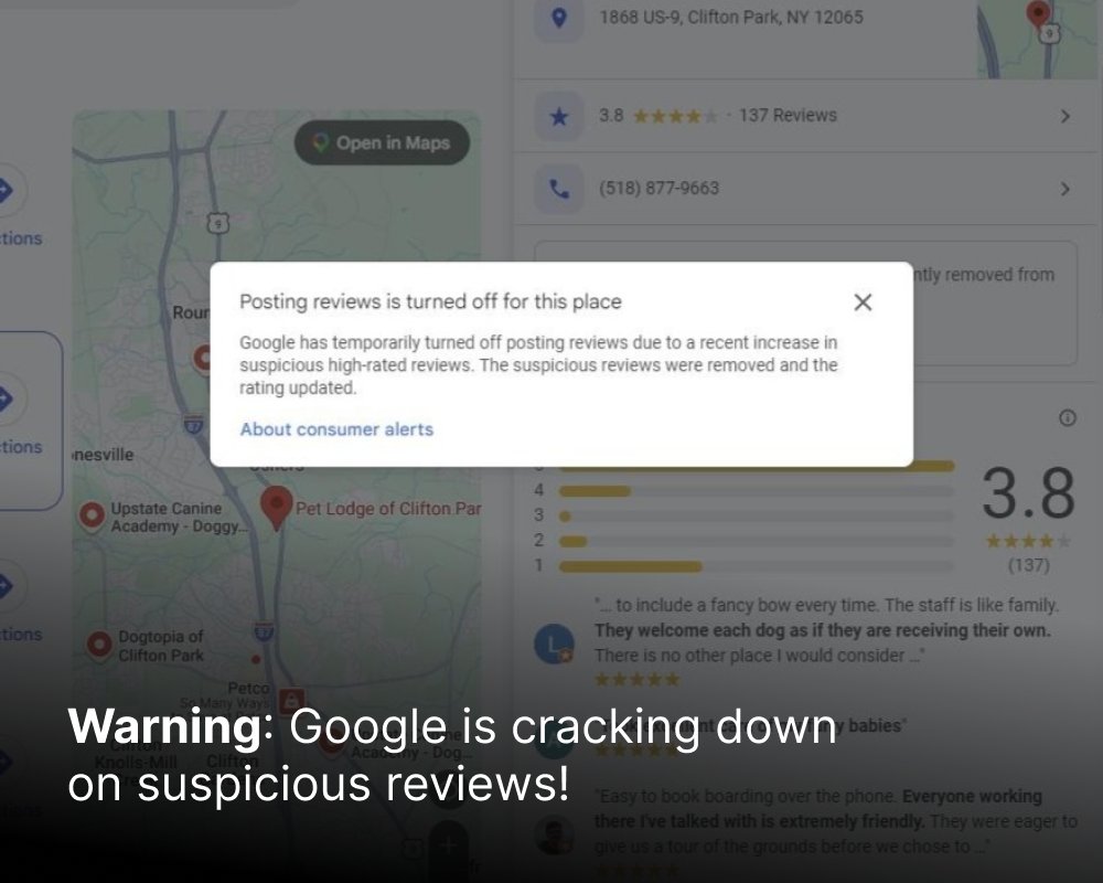 prospectgenius's tweet photo. ⚠️ Warning: Google appears to be taking a harder look at suspicious review activity, and some small businesses are already being hurt.

Does your Google Business Profile suddenly look different? It may have happened to you.

We break it down on our blog: https://t.co/K27HgjrsYU https://t.co/qsjCs2Yryh