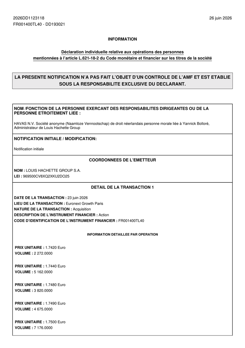 AMF_DD's tweet photo. 🔔 LOUIS HACHETTE GROUP S.A.

📈 Achat de 23 105 actions à 1.75 € (Total de 40 434 €)
👤 Yannick Bolloré
📋 Administrateur de Louis...
🏢 HAVAS N.V.

📅 Le 26 juin https://t.co/A9S4ggUn5z