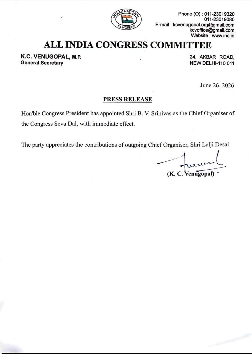 KrushnaPra8558's tweet photo. Congratulations to AICC Secretary &amp; Former IYC President Shri Srinivas BV ji on being appointed as the Chief Organiser of Congress Sevadal. 

Wishing you success in strengthening the organisation and inspiring Congress workers across the nation. 🇮🇳🪴🪻 https://t.co/zi5NTIdGuW