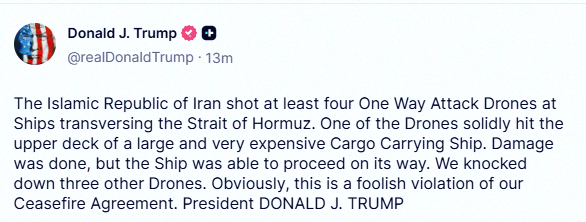zinseiowata9's tweet photo. Trump says Iran launched at least four one-way attack drones at ships. https://t.co/cfk0bTxZtz