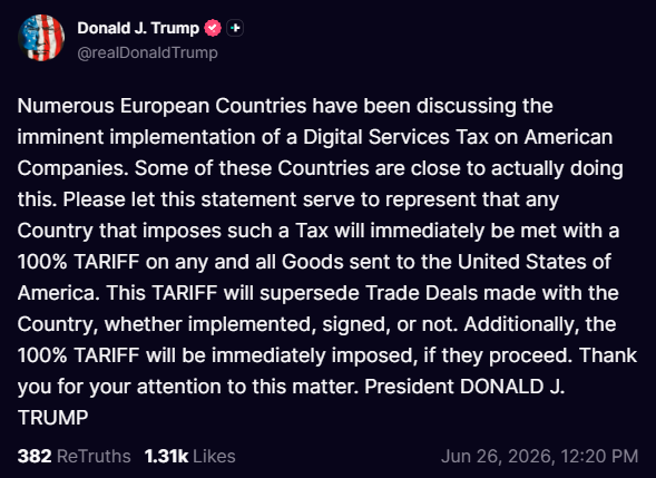 NewsBlast17's tweet photo. Trump Threatens 100% Tariffs on Any Country Imposing Digital Services Tax on American Companies

Full Statement: https://t.co/EfUF1hg1TW