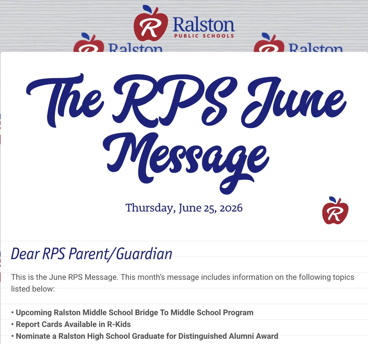 RalstonSchools's tweet photo. The June RPS Message.  English - https://t.co/9wupuvvB9E  Espanol - https://t.co/OrQfWWjozq https://t.co/C68CVYUVnZ