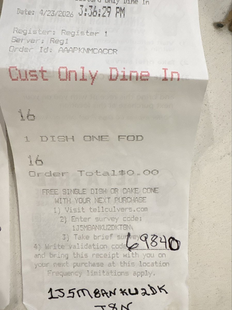 AshleyHarrisNB's tweet photo. Then came the exhibits.

Receipts. Validation codes. Proof of concept. A self-sustaining custard loop.

The model appears to be:

Buy Culver’s → take survey → get free scoop → generate new receipt → repeat until the American dream is restored.

So yes, the housing market may be broken, but the Culver’s survey loophole remains intact.

All hail Linda, Chairwoman of the Federal Reserve Bank of ButterBurger. 🍦👑