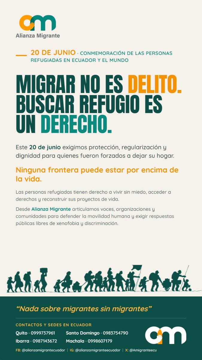 Amigranteecu's tweet photo. Migrar no es delito. Buscar refugio es un derecho.
#20DeJunio #DíaMundialDelRefugiado  
Desde Alianza Migrante exigimos protección, regularización y dignidad. 
Ninguna frontera puede estar por encima de la vida. https://t.co/8S7HC1Nssg