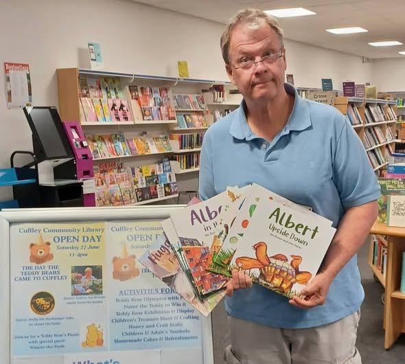 IanBrownTV's tweet photo. If it's Saturday June 27 we're in #Hertfordshire at #Cuffley Community #Library #OpenDay with our #ALBERTthetortoise #HuggnBugg #picturebooks #storytime. Doors open 11am. #Storytelling, #tortoises, #yetis, #dinosaurs and giveaways. #SupportLibraries. https://t.co/Olqfb5dRZA https://t.co/kXuF0WcjMC
