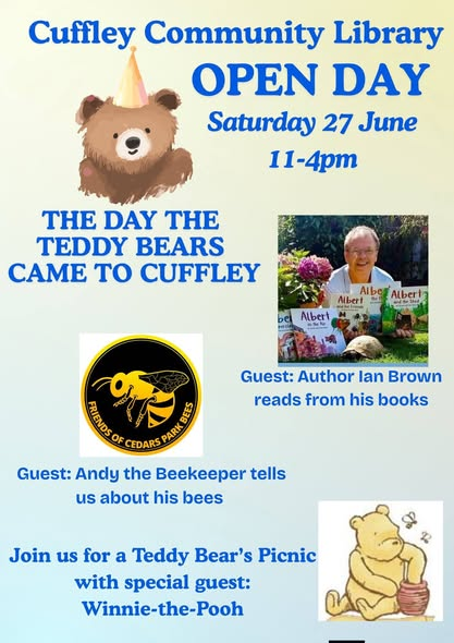 IanBrownTV's tweet photo. If it's Saturday June 27 we're in #Hertfordshire at #Cuffley Community #Library #OpenDay with our #ALBERTthetortoise #HuggnBugg #picturebooks #storytime. Doors open 11am. #Storytelling, #tortoises, #yetis, #dinosaurs and giveaways. #SupportLibraries. https://t.co/Olqfb5dRZA https://t.co/kXuF0WcjMC