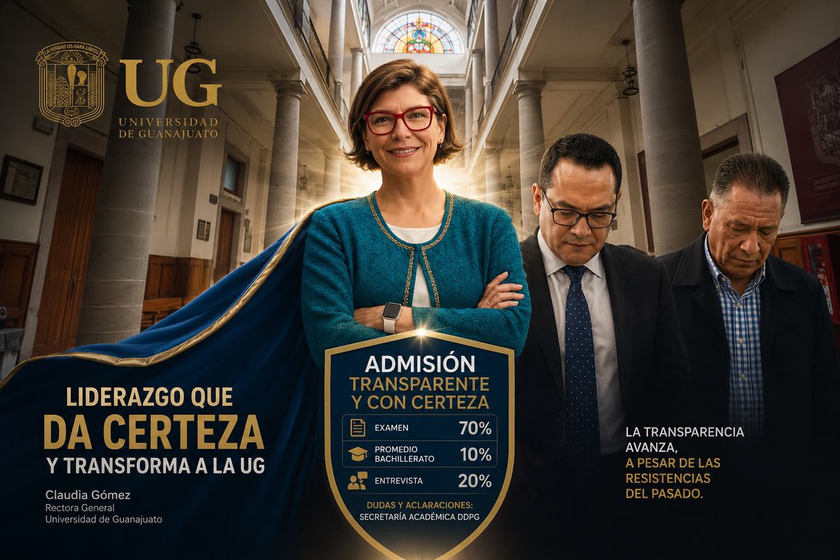 Humbertgutier's tweet photo. Los fantasmas agripinistas…

Ante la ola de dudas sobre las admisiones en la División de Derecho de la @UdeGuanajuato, la Rectora General @claudiasgomlop sale al frente imponiendo su estilo de institucionalidad moderno y eficiente. 

Una respuesta clara y firme que contrasta con las insuficiencias del director de la división. 

Es evidente que la Rectora tiene que dar la cara ante la incapacidad del Leandro Astraín Bañuelos, quien se mueve más como un lastre o rémora del viejo estilo "agripinista" que como un líder de cambio. ¿Hasta cuándo el fantasma de Guerrero Agripino frenará la renovación institucional?  

Para dar certeza, la UG aclara el peso real del proceso de admisión: Examen: 70%. Promedio bachillerato: 10%, Entrevista: 20% Las dudas se atenderán formalmente en la Secretaría Académica de la DDPG. 

La transparencia avanza a pesar de las resistencias del pasado.