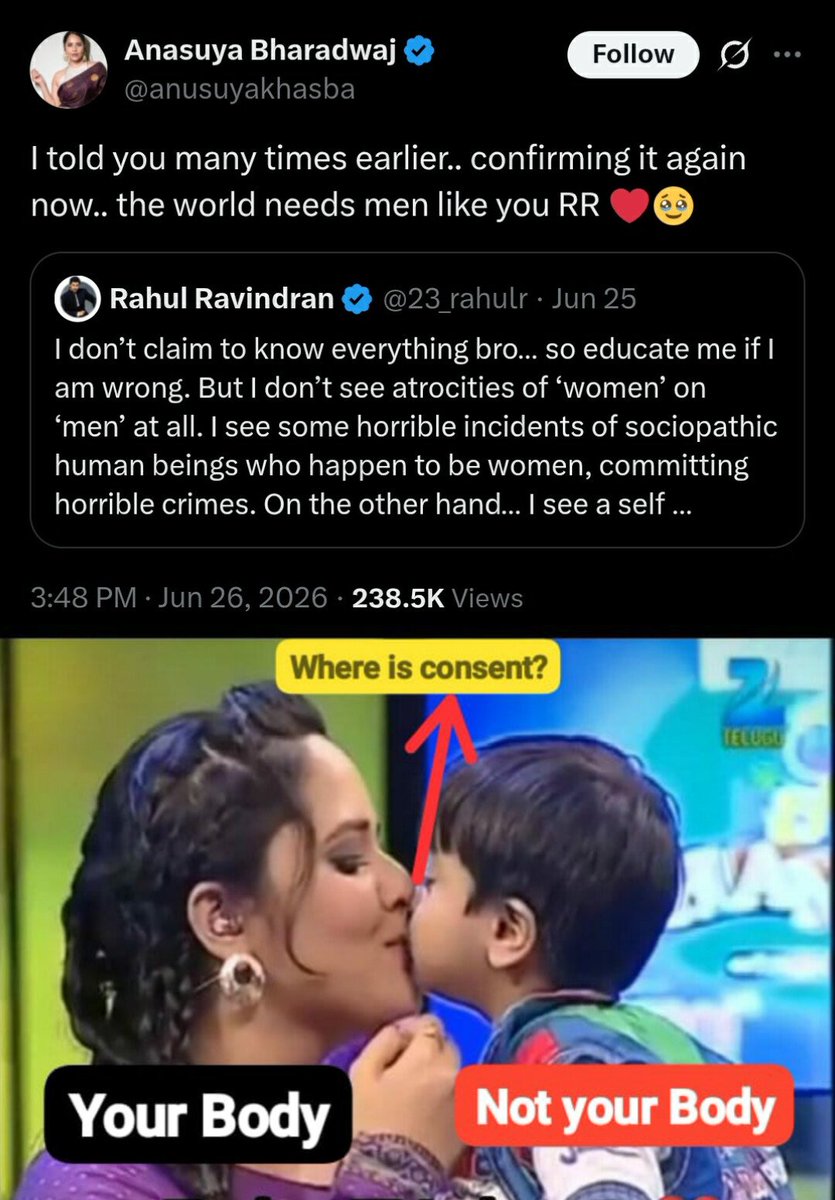 VasuEricsson's tweet photo. I ask again,

Why no #POCSO on #AnasuyaBharadwaj ? 

@anusuyakhasba @Chinmayi https://t.co/9ccDe0MnkE