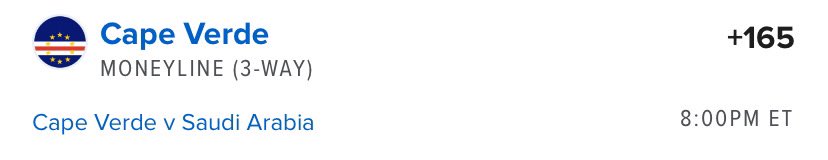 HTpickzz's tweet photo. #2 Pick for World Cup 6/26

Cape Verde vs. Saudi Arabia

Cape Verde ML +165 .75U

I am posting a pick for one of the 11pm EST games later today, stay tuned.

#WorldCup #Football #Soccer 
#Gambling𝕏 #SportsGambling https://t.co/aA5qBvBRkS