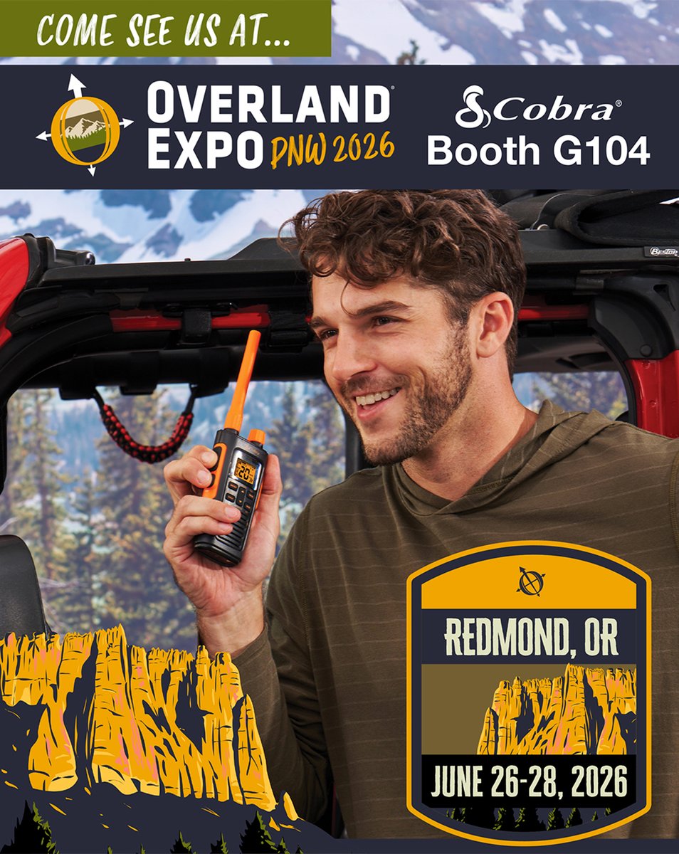 CobraElectronic's tweet photo. Reporting live from Overland PNW, in Redmond OR! Stop by booth G104 by the food trucks, check out the products, and chat! https://t.co/0ih79N4Mt3