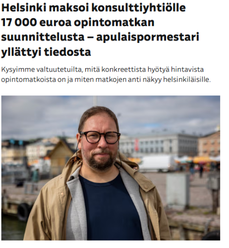 Kimmomi74's tweet photo. Vai että vasemmistoliiton tunnettu rikollinen apulaispormestari Paavo Arhinmäki "yllättyi"😂

Helsinki maksoi konsulttiyhtiölle 17 000 euroa pelkästään "opintomatkan" = lue dokausmatkan, suunnittelusta.

Jos Helsingin kaupungin poliitikkojen "työmatkat", lue dokausmatkat, ovat muka pelkän lainsäädännön takia moninkertaisesti kalliimpia kuin tavallisen ihmisen matkat samoihin kohteisiin, niin en kyllä osta tuota selitystä. Julkiset hankinnat voivat toki nostaa kustannuksia, mutta on vaikea uskoa, että ne yksin selittäisivät näin valtavat hintaerot.

Jos lainsäädäntö todella mahdollistaa tällaisen rahankäytön, sitä pitää muuttaa. Konsulttien käyttö tällaisissa matkajärjestelyissä tulee kieltää, ja lähtökohtana pitäisi olla aina halvin tarkoituksenmukainen matkustus- ja majoitusvaihtoehto, kuitenkin matka-aika ja käytännöllisyys huomioiden.

Vuodesta 2024 alkaen matkoja on tehty yhteensä 11, ja Ylen selvityksen mukaan niihin on kulunut lähes 360 000 euroa. Kallein oli noin 52 000 euron Wienin matka ja toiseksi kallein noin 37 000 euron Milanon matka.
Vasemmistolainen tunnettu rikollinen, pormestari Paavo Arhinmäki osallistui Milanon matkalle. Melkoinen yllätys... juuri sille toiseksi kalleimmalle reissulle. Positiivista sentään on, että Paavo ilmeisesti osaa laskea. 😁

Wienin matkan järjestelyihin käytettiin konsulttiyhtiötä, jolle maksettiin 17 000 euroa pelkästä matkan suunnittelusta. Tavallinen veronmaksaja miettii, että saman olisi onnistunut tekemään valtavasti halvemmalla kuin konsultin kultakynällä suunniteltu

Rikollisen apulaispormestari Paavo Arhinmäen mukaan matkat ovat kalliimpia, koska julkiset hankinnat on kilpailutettava ja palvelut ostetaan matkatoimiston kautta. Selitys on varmasti osittain oikea, mutta sillä on vaikea perustella sitä, miksi hinnat irtautuvat täysin normaalista todellisuudesta.