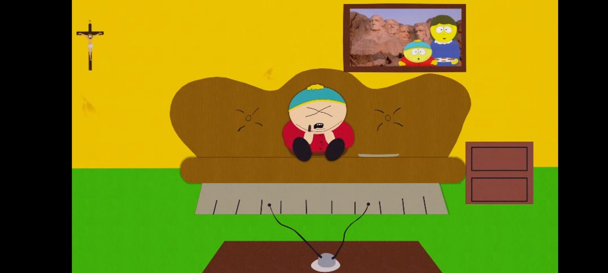 tfemkanade's tweet photo. also it's a super minor detail but the walls in cartman's house had these weird stains which would imply that it wasn't being maintained properly and newer seasons got rid of this which sucks cause it was an indicator of cartman being poor which imo adds to his character https://t.co/AX22bWX1aB
