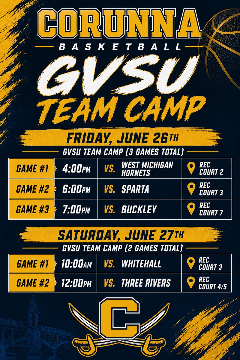 BWilliamson2010's tweet photo. GVSU Team Camp Schedule
Fri 6/26
4 PM vs. West Michigan Hornets (Rec Court 2) 
6 PM vs. Sparta (Rec Court 3) 
7 PM vs. Buckley (Rec Court 7)
Sat 6/27
10 AM vs. Whitehall (Rec Court 3) 
12 PM vs. Three Rivers (Rec Court 4/5)
Ready to compete!
#CorunnaBasketball 
@CorunnaHoops https://t.co/BWT6TiQVXF